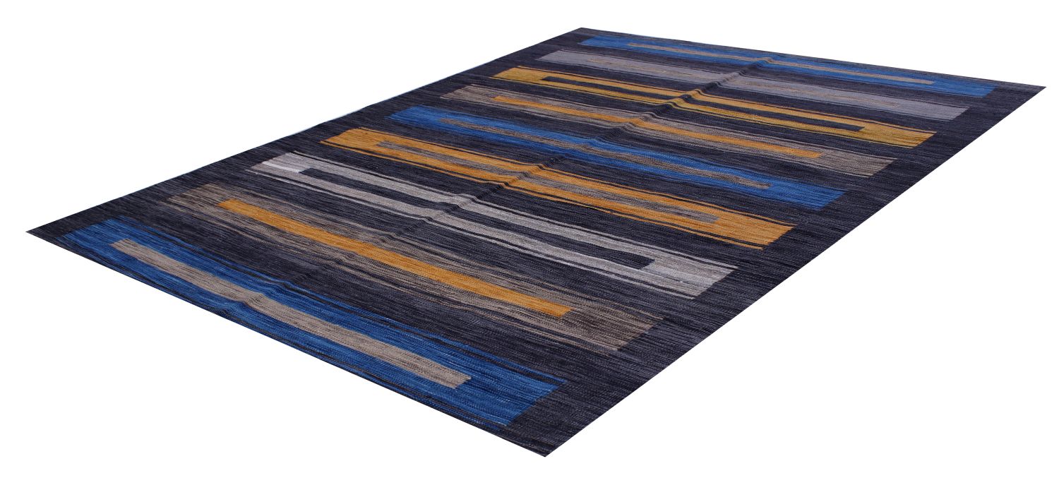 Blauw Tapijt Laagpolig Handgeweven Wollen Vloerkleed - Omid Afghan Modern Kelim 229x156