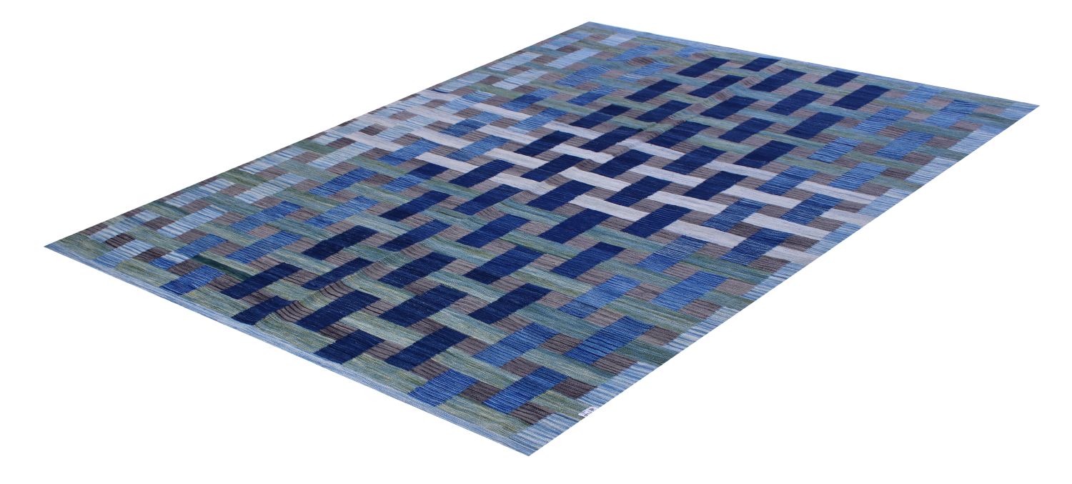 Blauw Tapijt Laagpolig Handgeweven Wollen Vloerkleed - Omid Afghan Modern Kelim 299x202