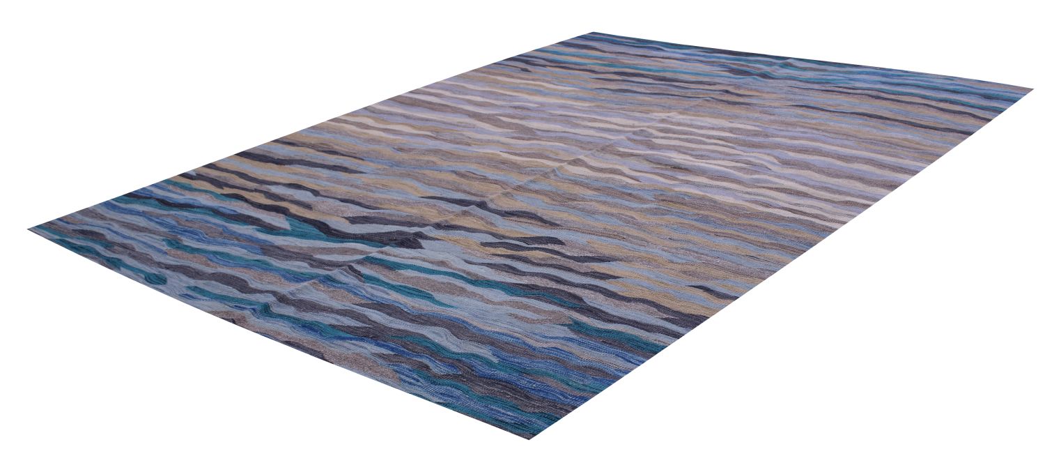 Blauw Tapijt Laagpolig Handgeweven Wollen Vloerkleed - Omid Afghan Modern Kelim 237x138