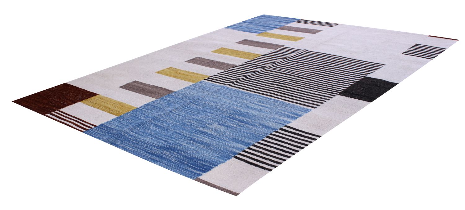 Blauw Tapijt Laagpolig Handgeweven Wollen Vloerkleed - Omid Afghan Modern Kelim 230x156