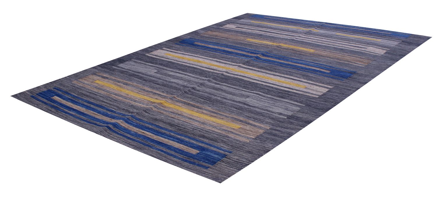 Blauw Tapijt Laagpolig Handgeweven Wollen Vloerkleed - Omid Afghan Modern Kelim 225x155